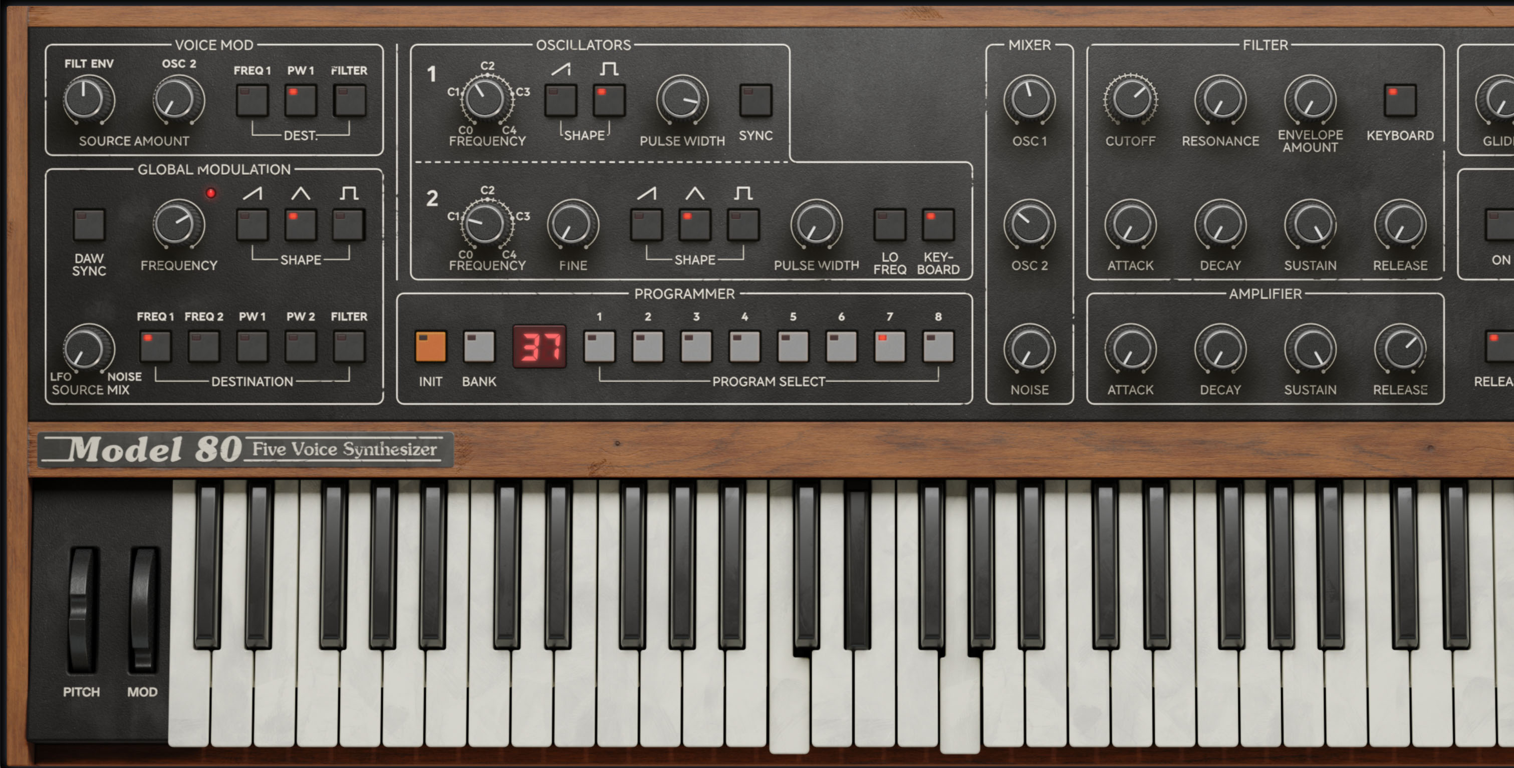 Use Voice mod ENV assigned to PW for "release tuning" – meaning that the filter envelope sustain is set to make the pulse-width of Osc 1 thin enough to disappear while the key is depressed. When the key is released the Osc 1 pulse-width is then reduced to “audible” again and the oscillator “appears” in the Mix again.