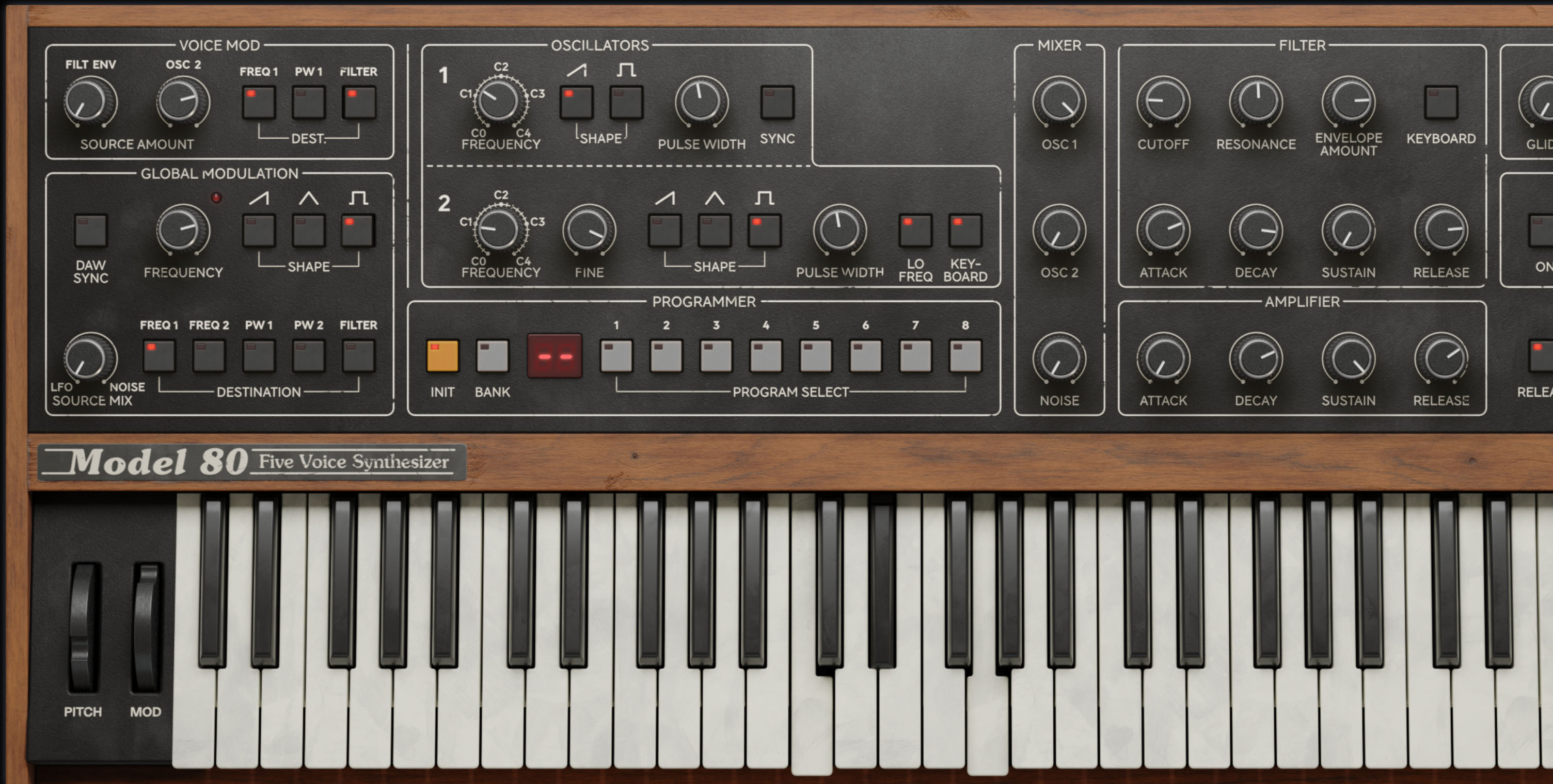 Use Voice mod for pseudo sequencing: Using Osc 2 in low frequency mode makes it possible for you to use it as “one LFO per voice” modulating Osc 1. Use the Osc 2 pulsewave output for modulating filter or PW (chopping effect), or why not for pitch (octave bass effect)?