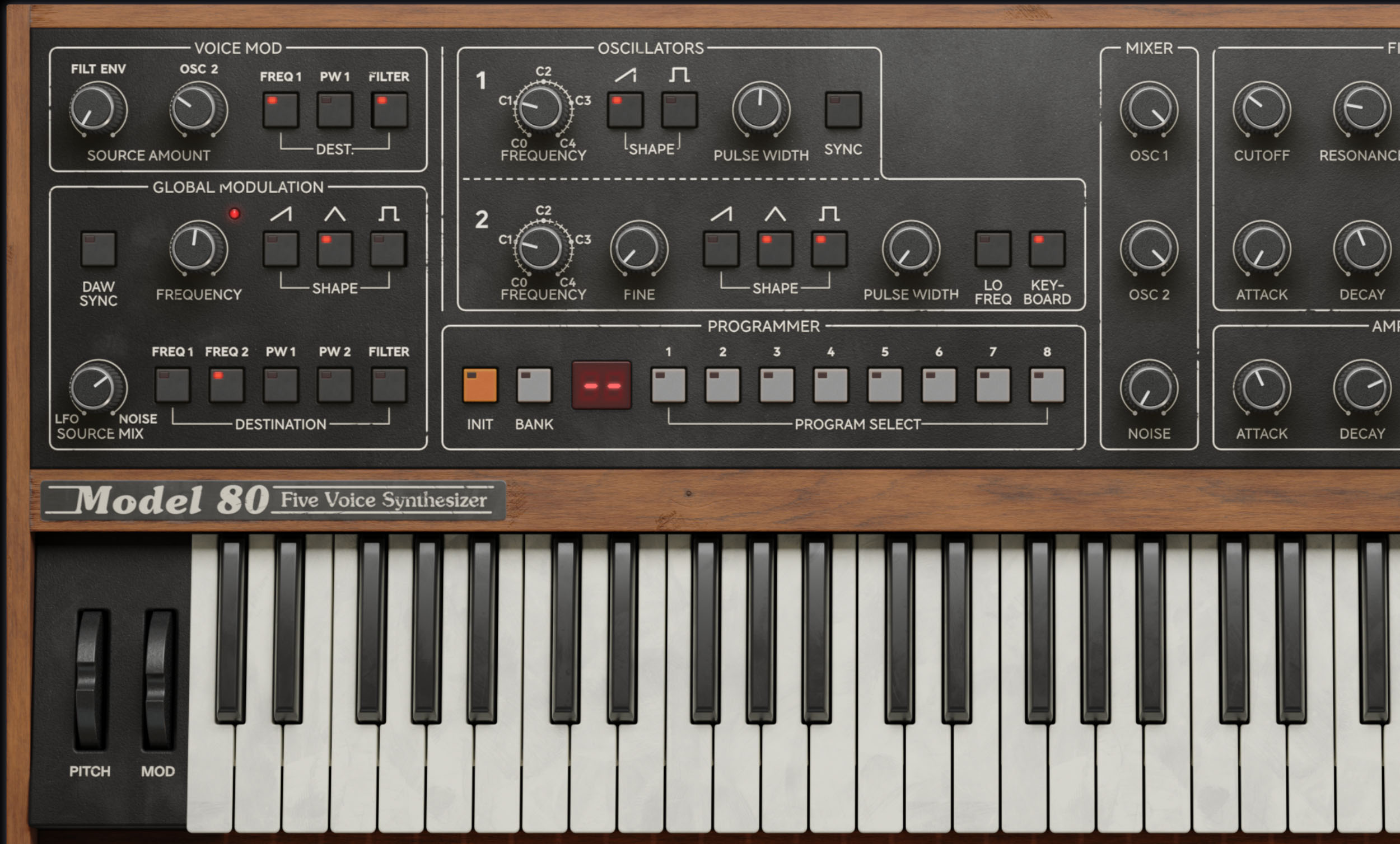 Use WheelMod to Osc 2 PW to Voice Mod for alive sounds: This method uses modulation in two steps. First, the LFO/Noise mix is used through the WheelMod to modulate Osc 2 which in turn modulates Osc 1 trough the Voice Mod.